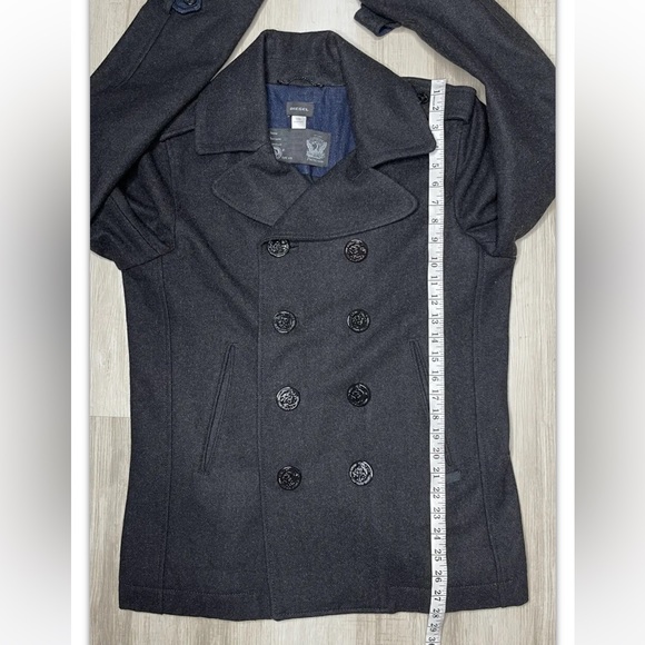 DIESEL Pea Coat Wool Black MEN'S Large L Button Epaulet Trench Military SLIM FIT - Picture 2 of 6